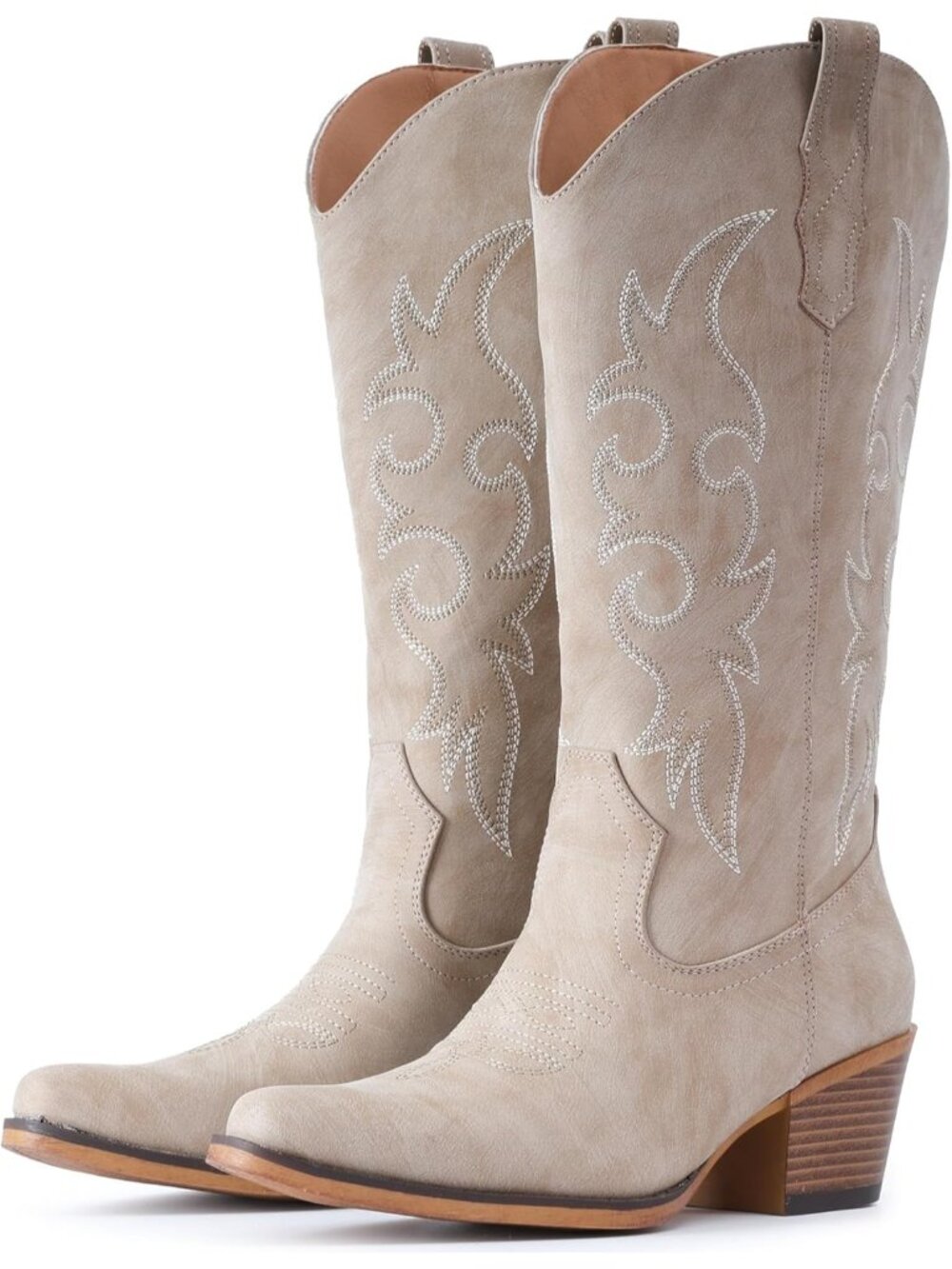 Women’s Beige Western Cowgirl Cowboy Boots Mid-Calf Snip Toe Chunky Heel